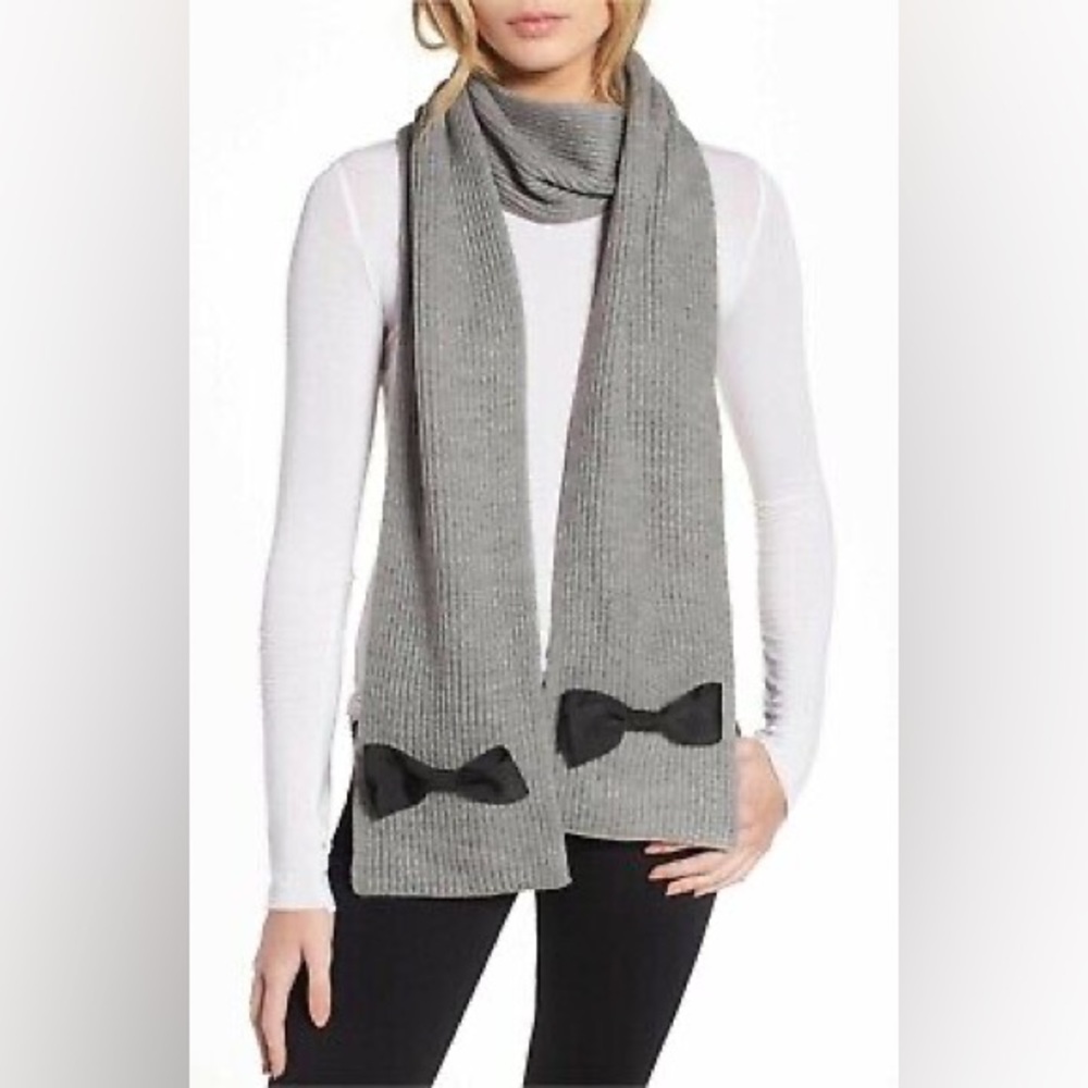 Kate Spade Grosgrain Bow Knit Scarf- Heathered Gray Wool